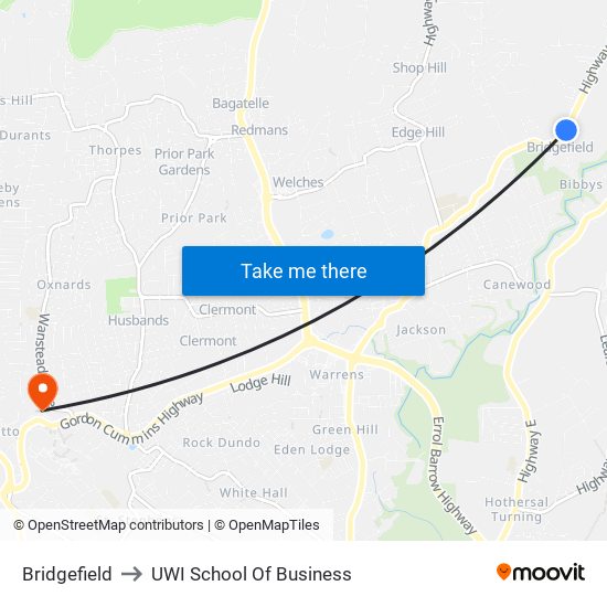 Bridgefield to UWI School Of Business map
