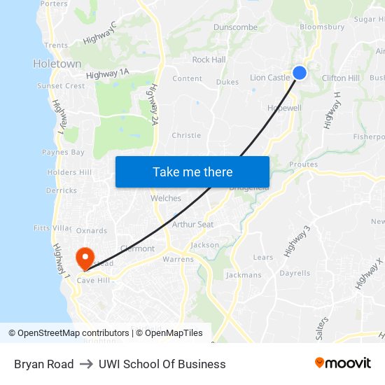Bryan Road to UWI School Of Business map