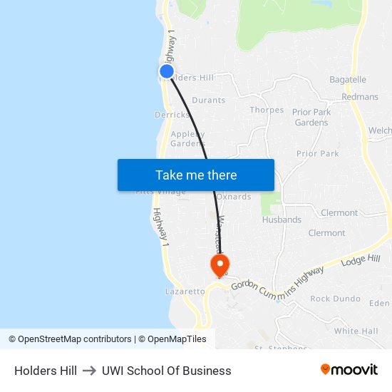 Holders Hill to UWI School Of Business map