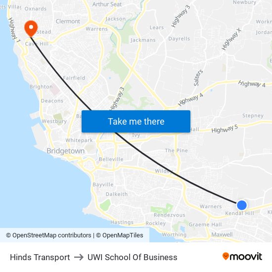 Hinds Transport to UWI School Of Business map