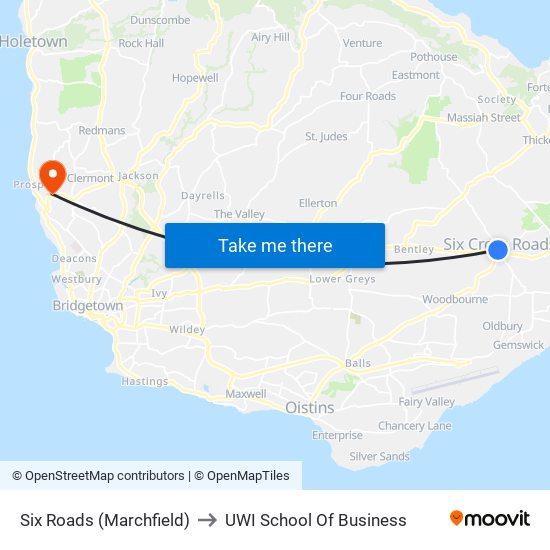 Six Roads (Marchfield) to UWI School Of Business map