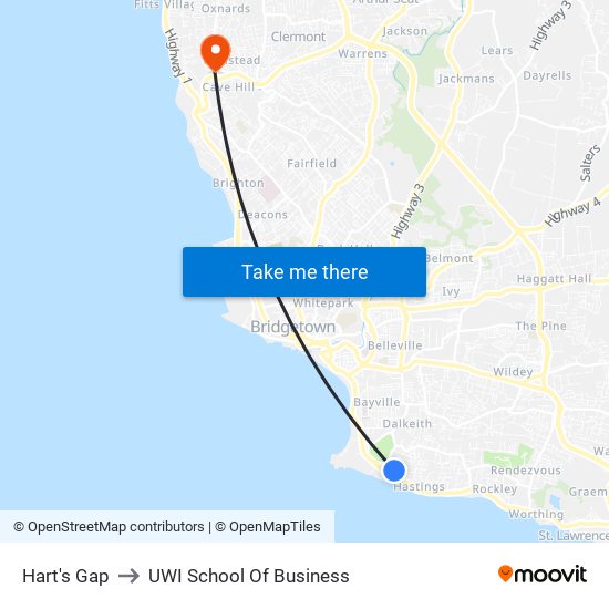 Hart's Gap to UWI School Of Business map