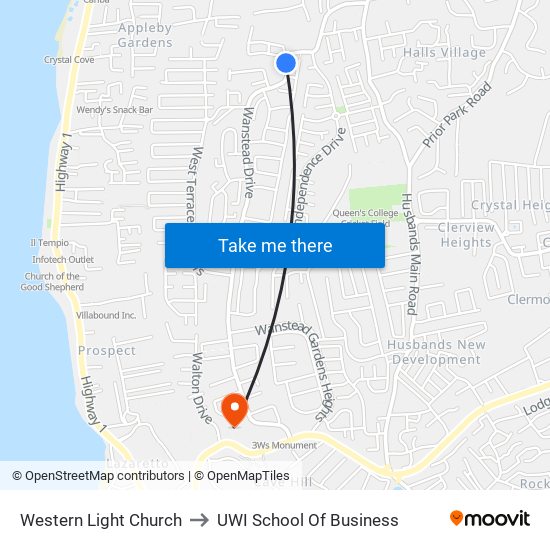 Western Light Church to UWI School Of Business map