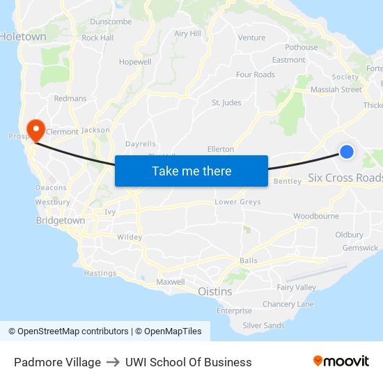 Padmore Village to UWI School Of Business map