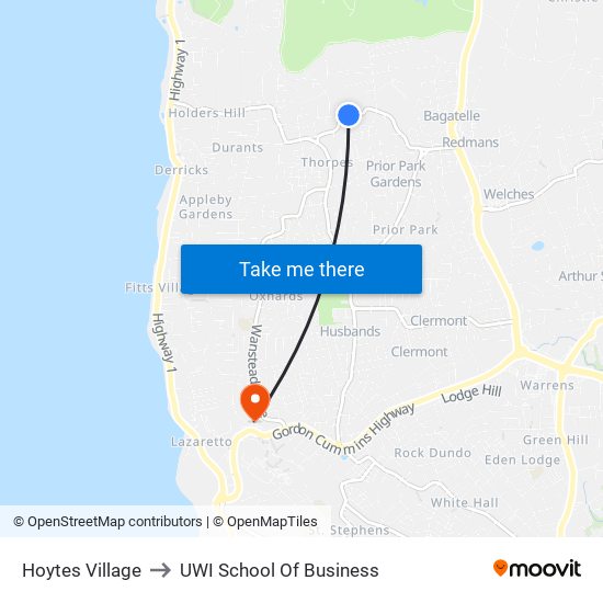 Hoytes Village to UWI School Of Business map