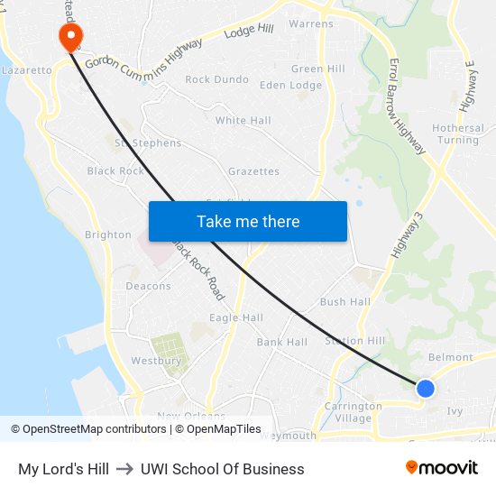 My Lord's Hill to UWI School Of Business map