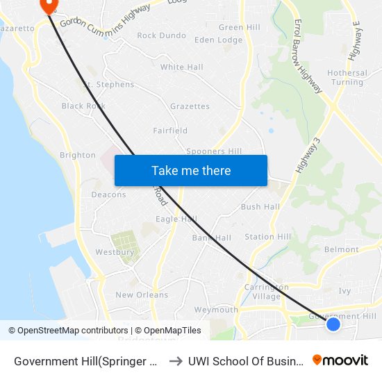 Government Hill(Springer Sch) to UWI School Of Business map