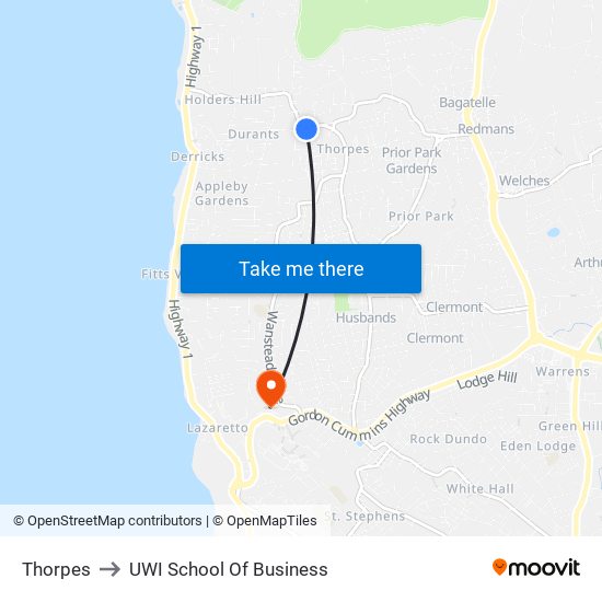 Thorpes to UWI School Of Business map