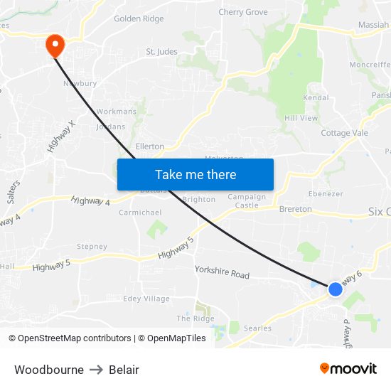 Woodbourne to Belair map