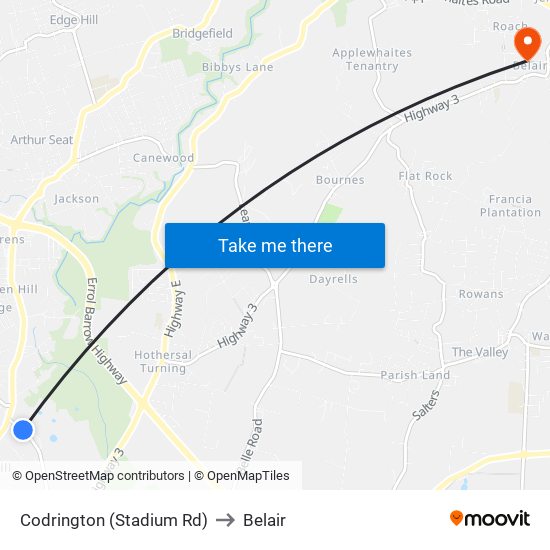 Codrington (Stadium Rd) to Belair map