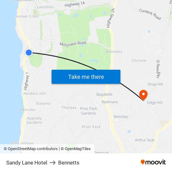 Sandy Lane Hotel to Bennetts map