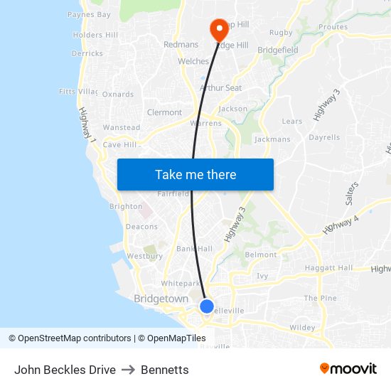John Beckles Drive to Bennetts map
