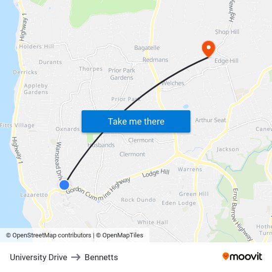 University Drive to Bennetts map