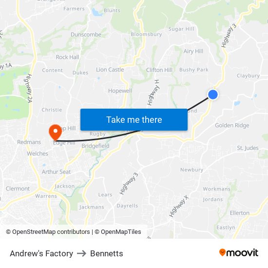 Andrew's Factory to Bennetts map
