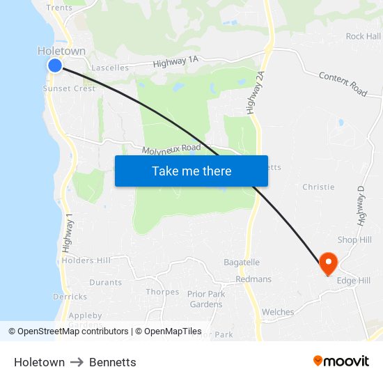 Holetown to Bennetts map