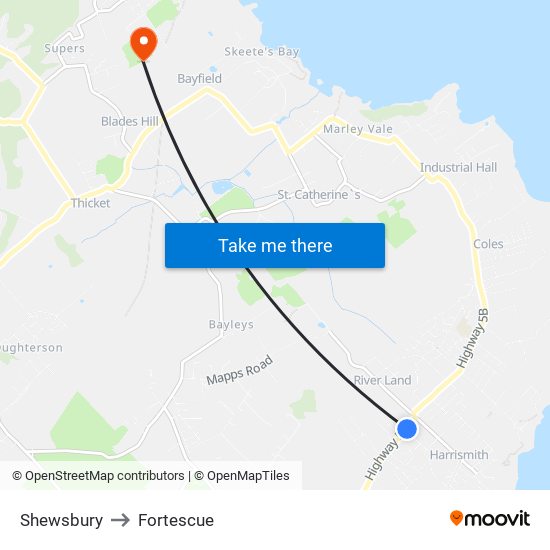 Shewsbury to Fortescue map