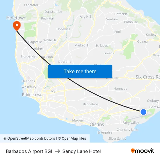 Barbados Airport BGI to Sandy Lane Hotel map