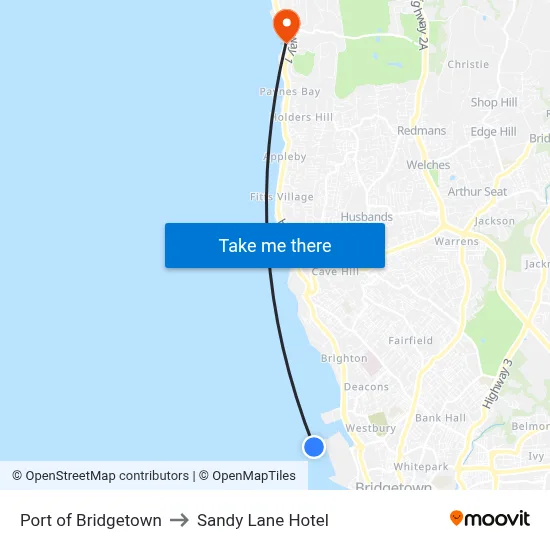 Port of Bridgetown to Sandy Lane Hotel map