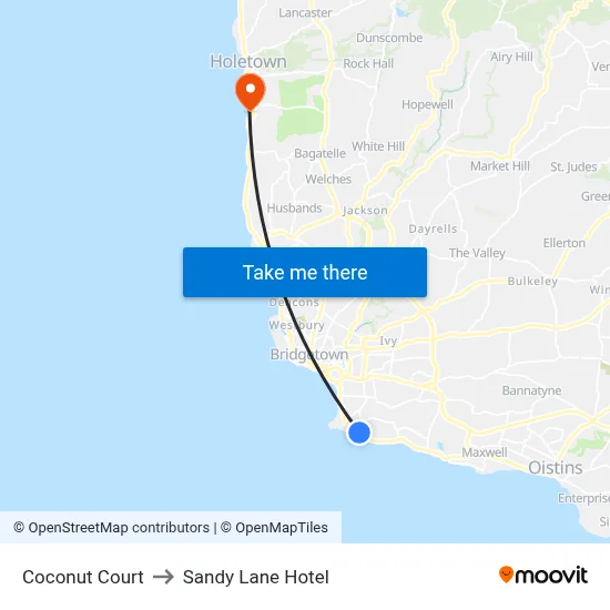 Coconut Court to Sandy Lane Hotel map