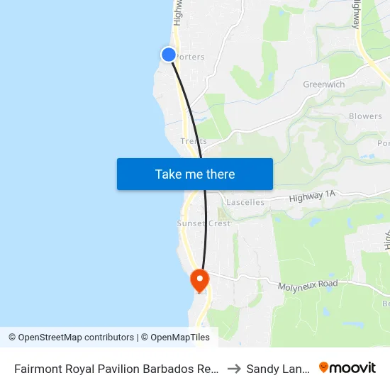 Fairmont Royal Pavilion Barbados Resort, Saint James to Sandy Lane Hotel map