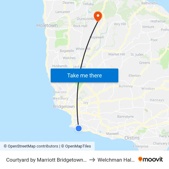 Courtyard by Marriott Bridgetown Barbados to Welchman Hall Gully map