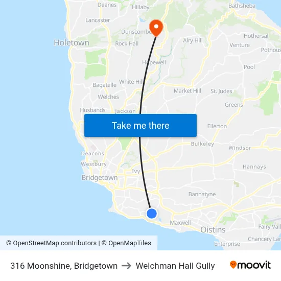 316 Moonshine, Bridgetown to Welchman Hall Gully map