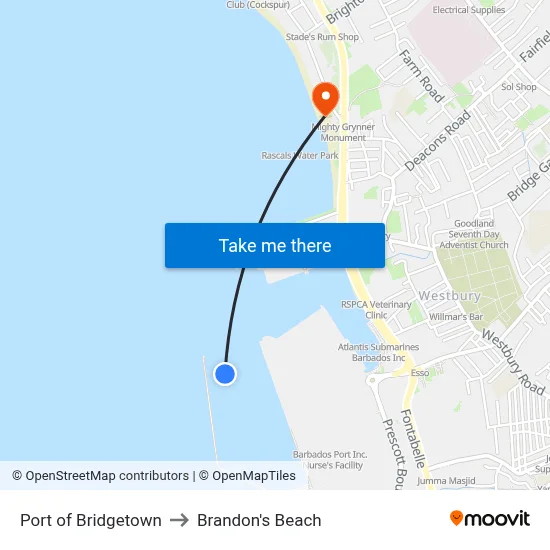 Port of Bridgetown to Brandon's Beach map