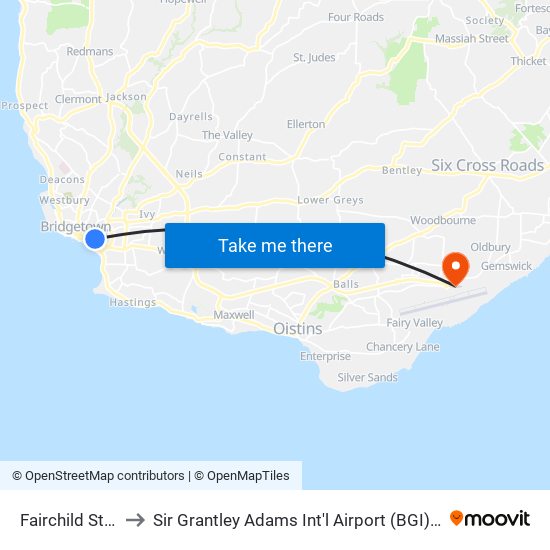 Fairchild Street Terminal to Sir Grantley Adams Int'l Airport (BGI) (Aeropu. Inter. Sir Grantley Adams) map