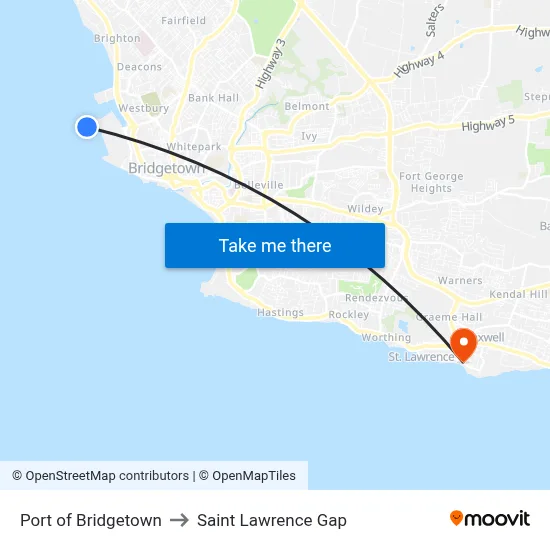 Port of Bridgetown to Saint Lawrence Gap map