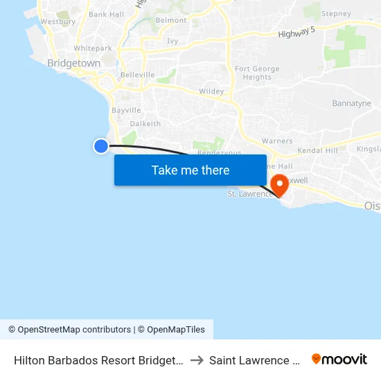 Hilton Barbados Resort Bridgetown to Saint Lawrence Gap map
