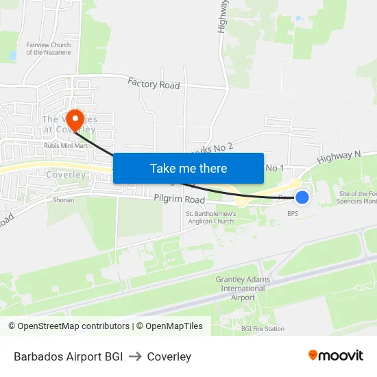 Barbados Airport BGI to Coverley map