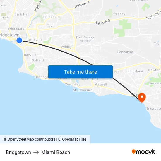 Bridgetown to Miami Beach map