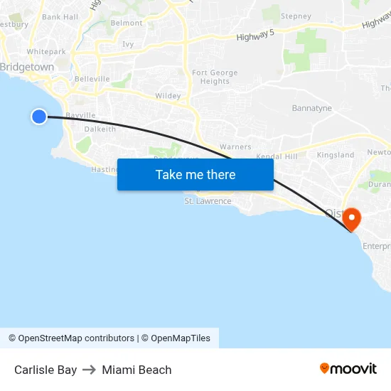 Carlisle Bay to Miami Beach map