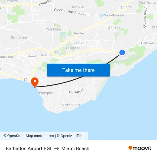 Barbados Airport BGI to Miami Beach map