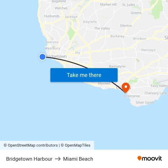 Bridgetown Harbour to Miami Beach map