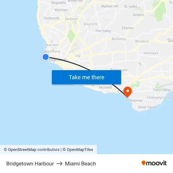 Bridgetown Harbour to Miami Beach map