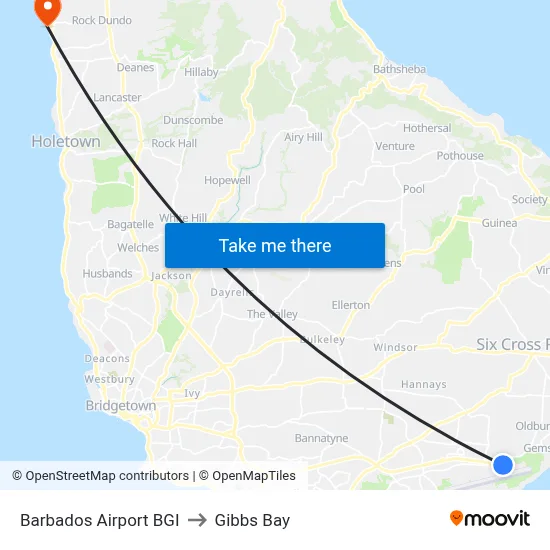 Barbados Airport BGI to Gibbs Bay map