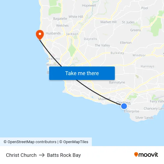 Christ Church to Batts Rock Bay map