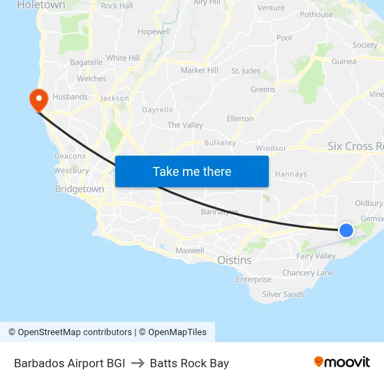 Barbados Airport BGI to Batts Rock Bay map