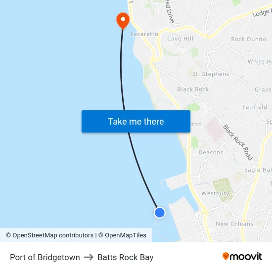 Port of Bridgetown to Batts Rock Bay map