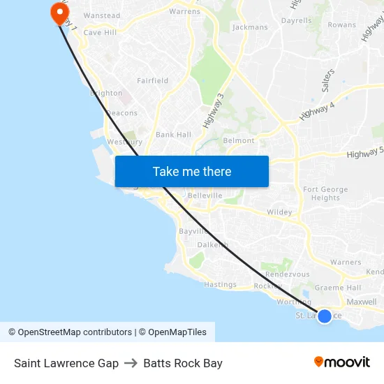 Saint Lawrence Gap to Batts Rock Bay map