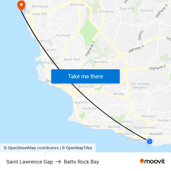 Saint Lawrence Gap to Batts Rock Bay map