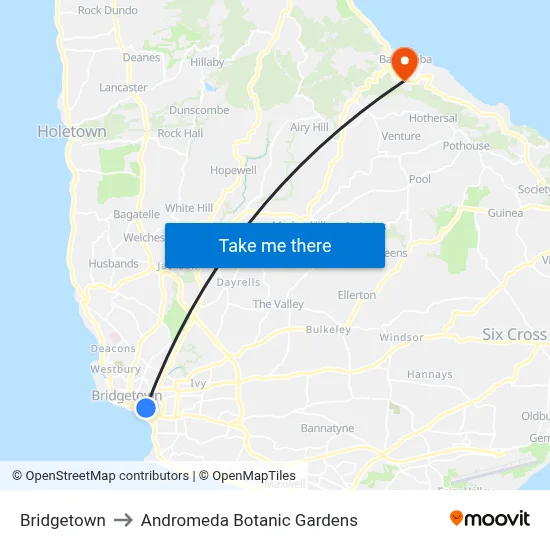 Bridgetown to Andromeda Botanic Gardens map