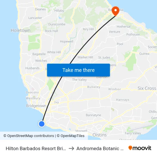 Hilton Barbados Resort Bridgetown to Andromeda Botanic Gardens map