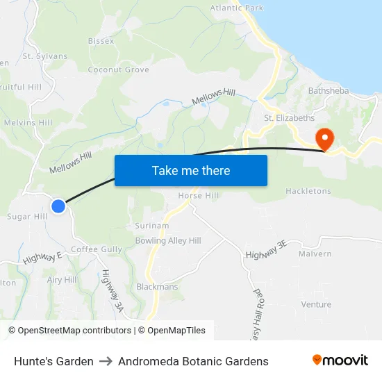 Hunte's Garden to Andromeda Botanic Gardens map