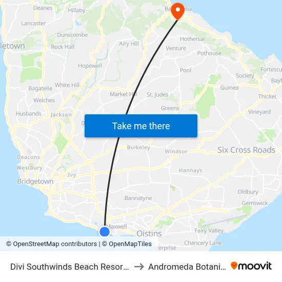 Divi Southwinds Beach Resort Christ Church to Andromeda Botanic Gardens map