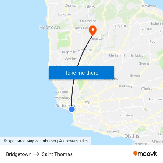Bridgetown to Saint Thomas map