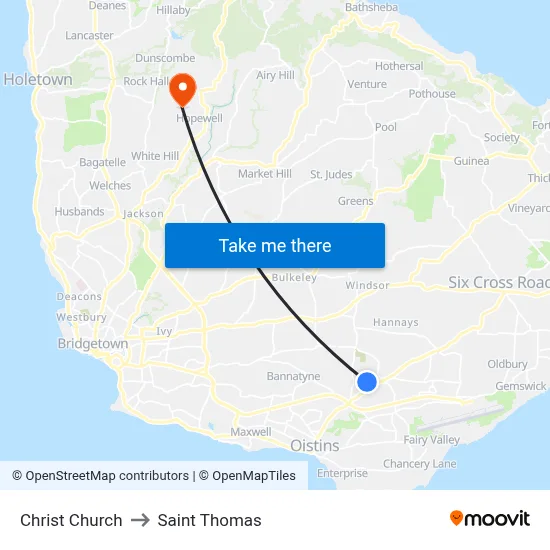 Christ Church to Saint Thomas map