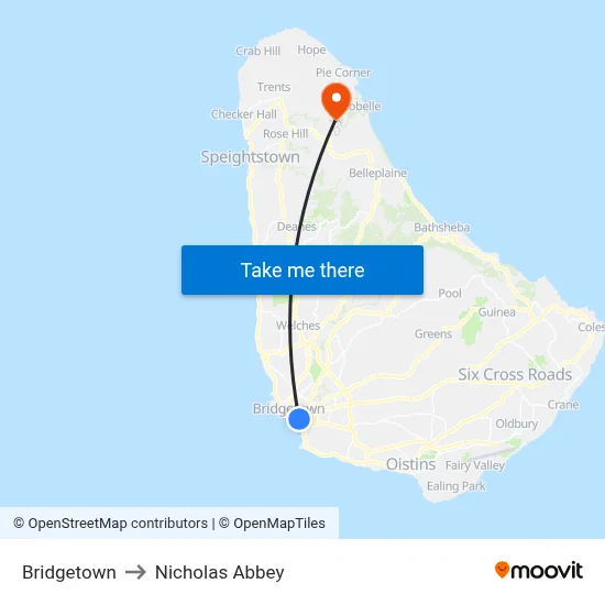 Bridgetown to Nicholas Abbey map