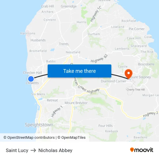 Saint Lucy to Nicholas Abbey map